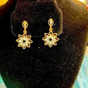 Gold tone sun, flower, CZ post drop earrings